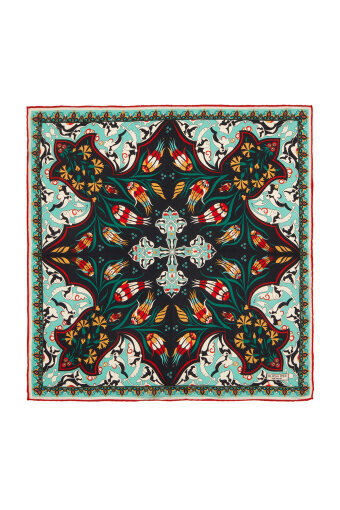 Black Turquoise Carnation Tulip Pattern Silk Pocket Square 