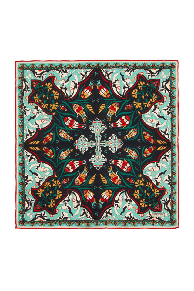 Black Turquoise Carnation Tulip Pattern Silk Pocket Square 