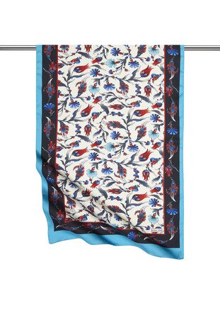 Black Turquoise Carnation Tulip Pattern Wide Silky Foulard 