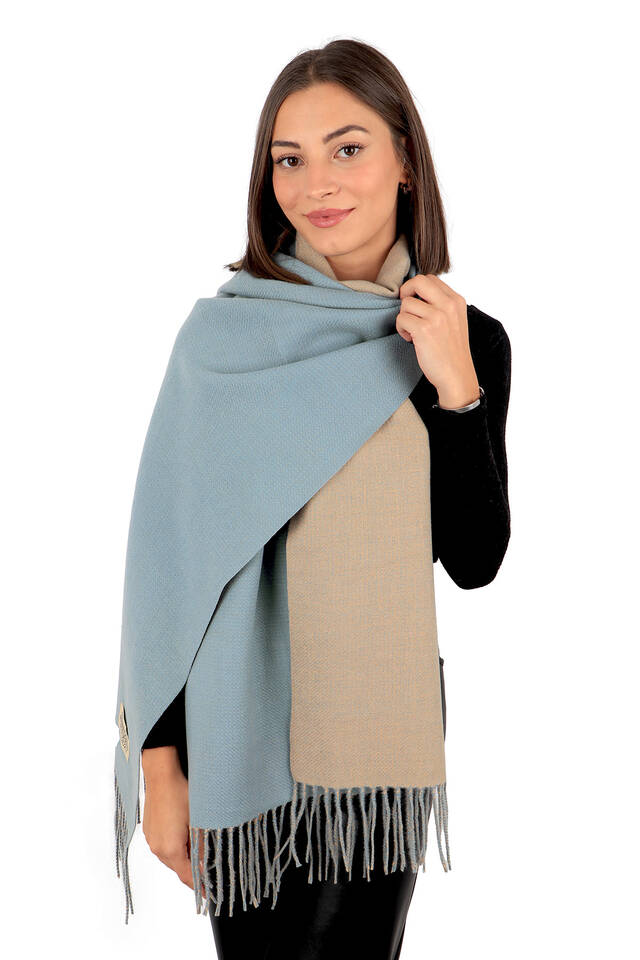 Blue Beige Double Sided Winter Shawl - 2
