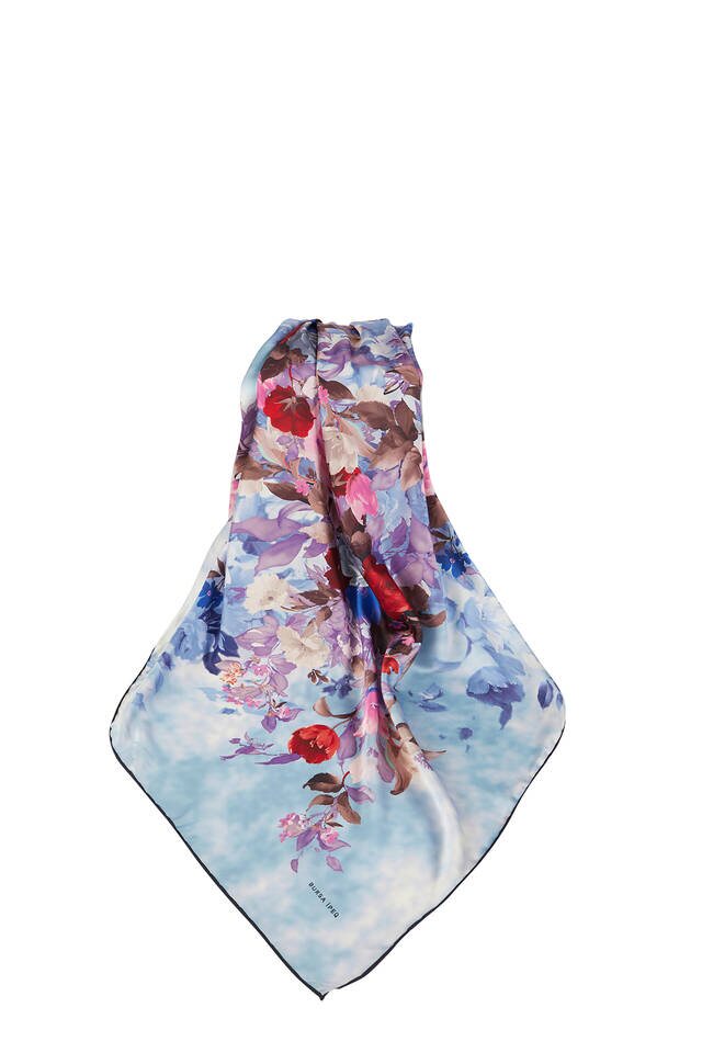 Blue Bouquet Pattern Silky Square Scarf - 3