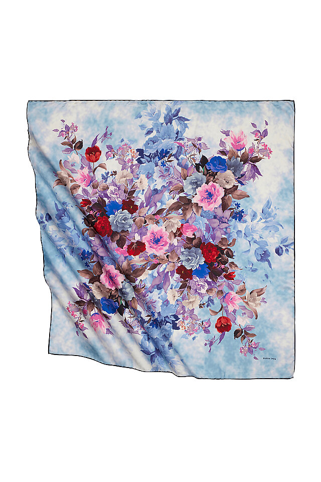 Blue Bouquet Pattern Silky Square Scarf 