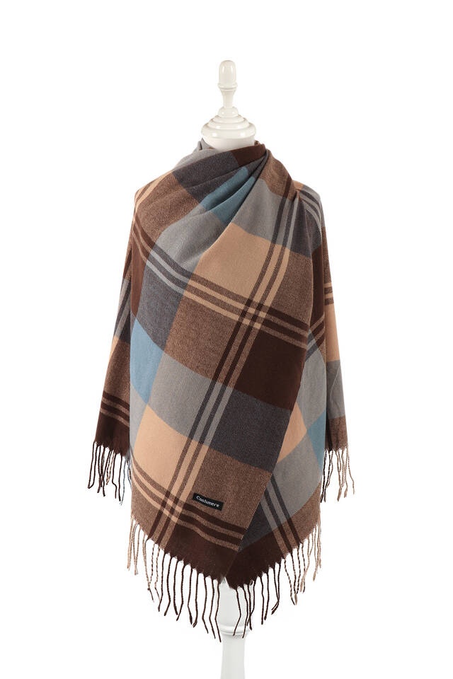 Blue Brown Patterned Winter Shawl - Bursa İpek