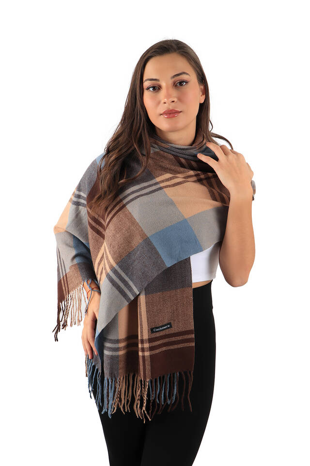 Blue Brown Patterned Winter Shawl - 2