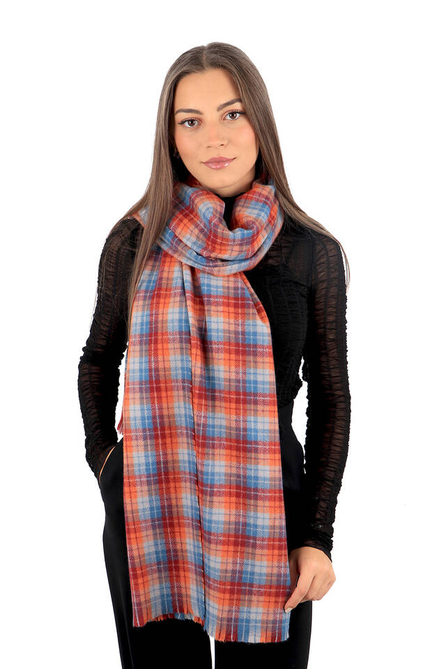 Blue Claret Red Plaid Pattern Winter Shawl - 2