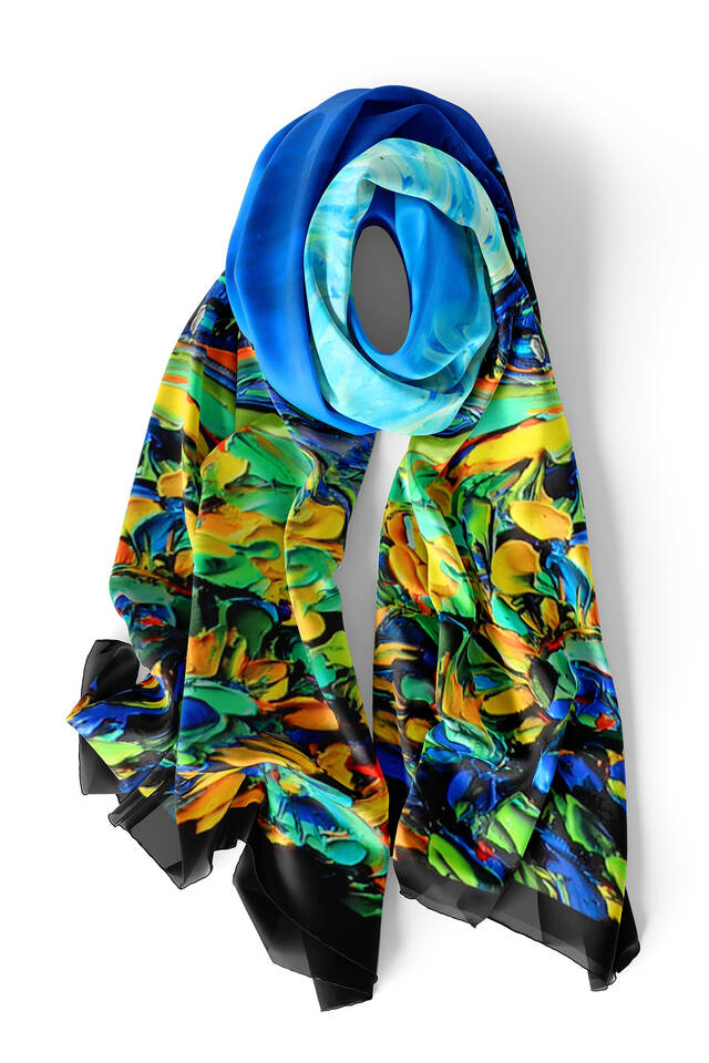 Blue Day Flowers Pattern Silk Foulard - 4