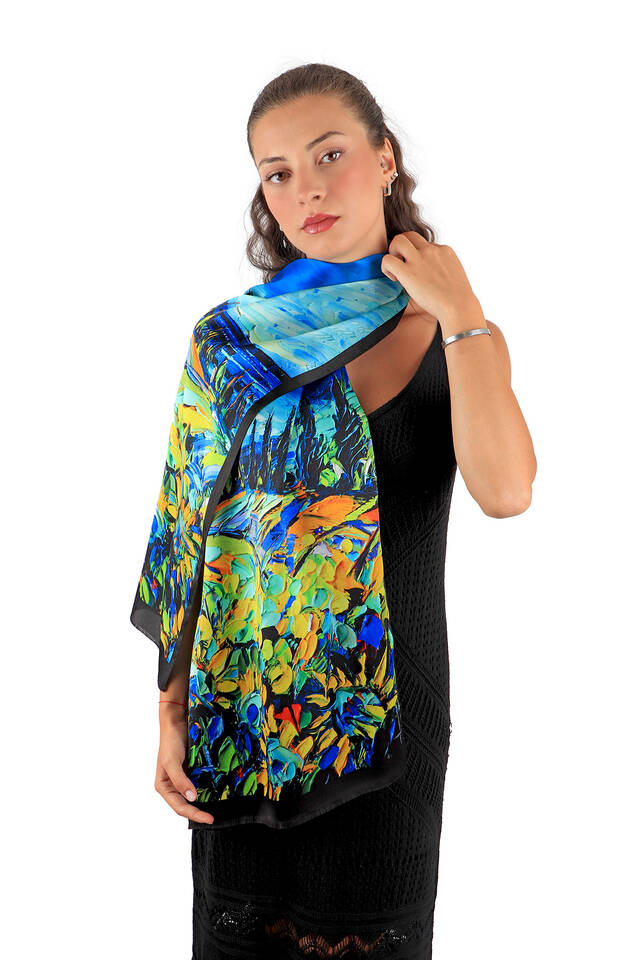Blue Day Flowers Pattern Silk Foulard - 2