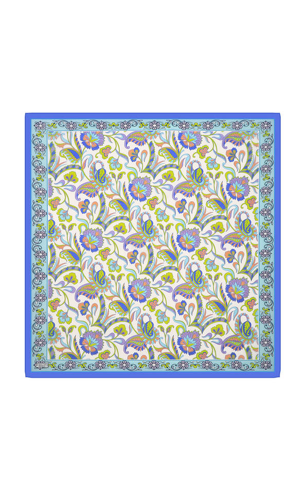 Blue Floral Pattern Voile Silk Square Scarf - 3