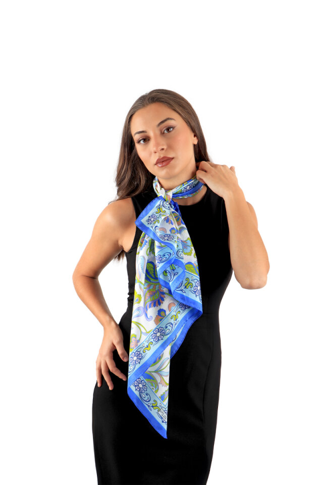 Blue Floral Pattern Voile Silk Square Scarf - 2