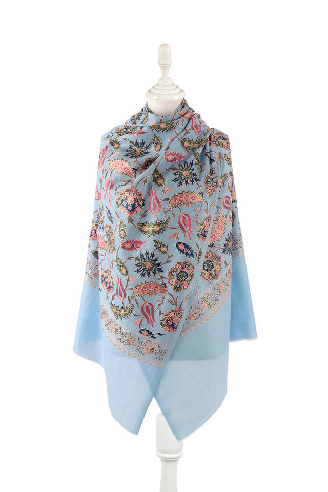 Blue Fully Embroidered Suzani Wool Shawl - Bursa İpek