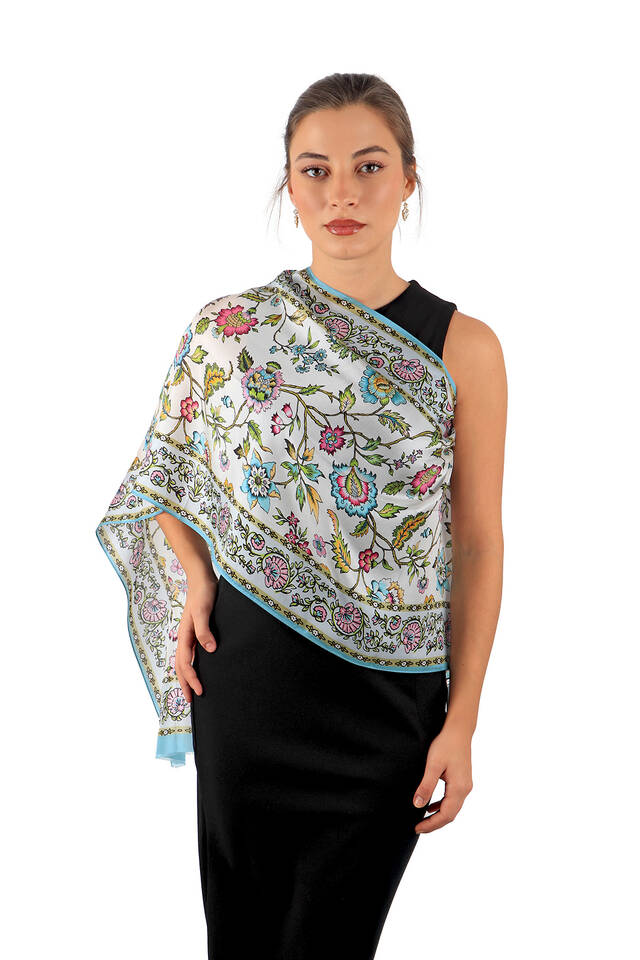 Blue Lily Pattern Voile Silk Foulard 