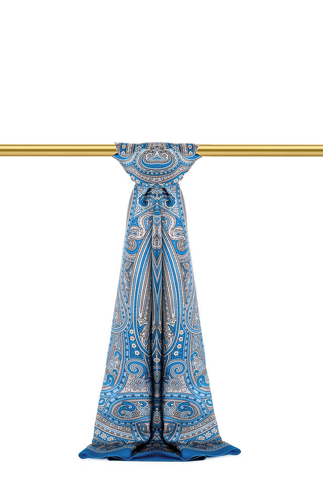 Blue Marrakesh Pattern Sura Silk Scarf - Bursa İpek