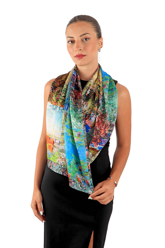Blue Monet Collage Silk Painting Foulard - 2
