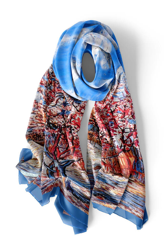 Blue Peach Tree Pattern Silk Foulard - 4