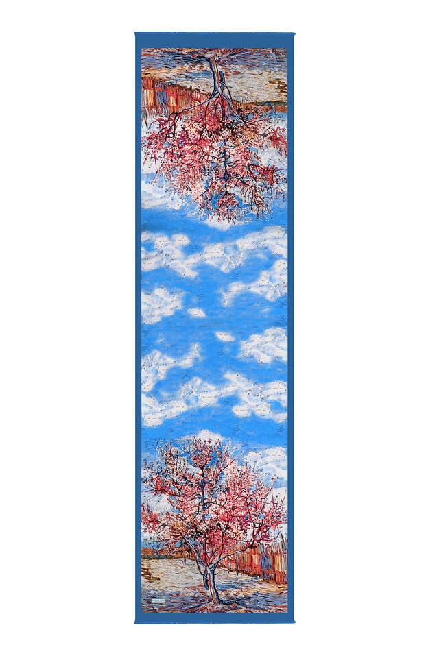 Blue Peach Tree Pattern Silk Foulard - 5