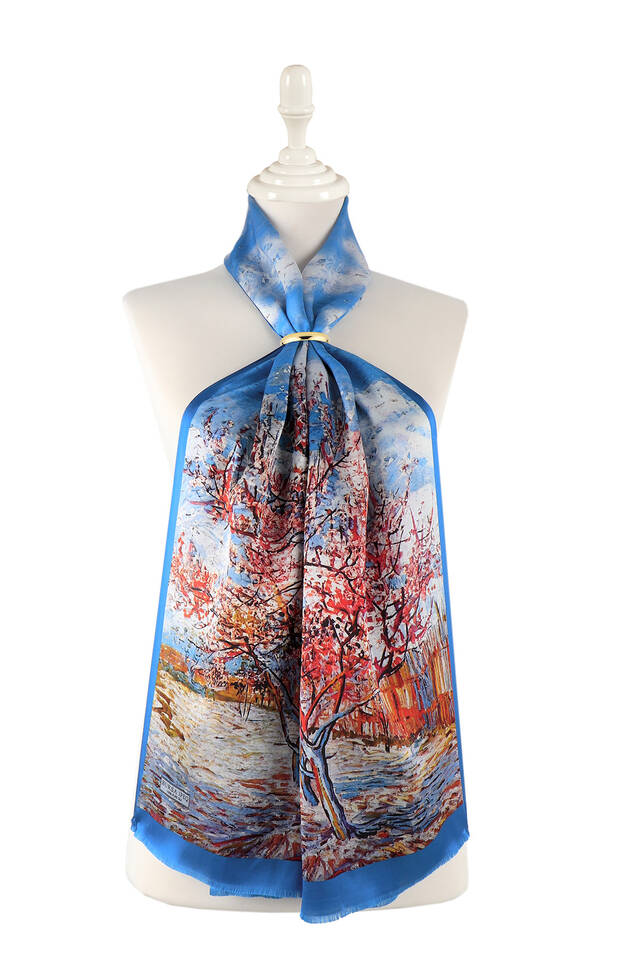 Blue Peach Tree Pattern Silk Foulard 
