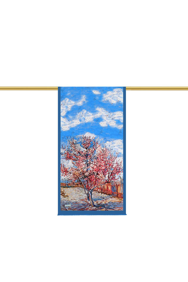 Blue Peach Tree Pattern Silk Foulard - 3
