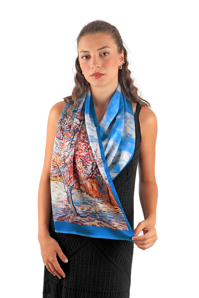 Blue Peach Tree Pattern Silk Foulard - 2