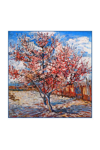 Blue Peach Tree Pattern Silk Pocket Square 