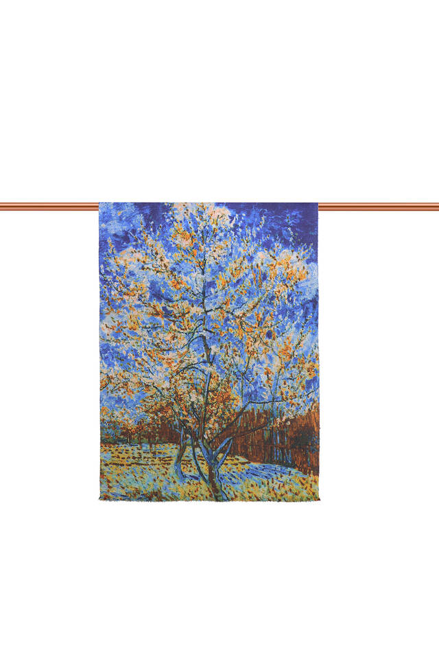 Blue Peach Tree Pattern Winter Shawl - 3