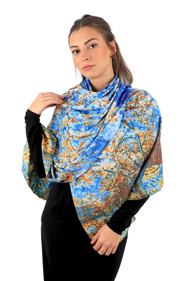 Blue Peach Tree Pattern Winter Shawl - 2