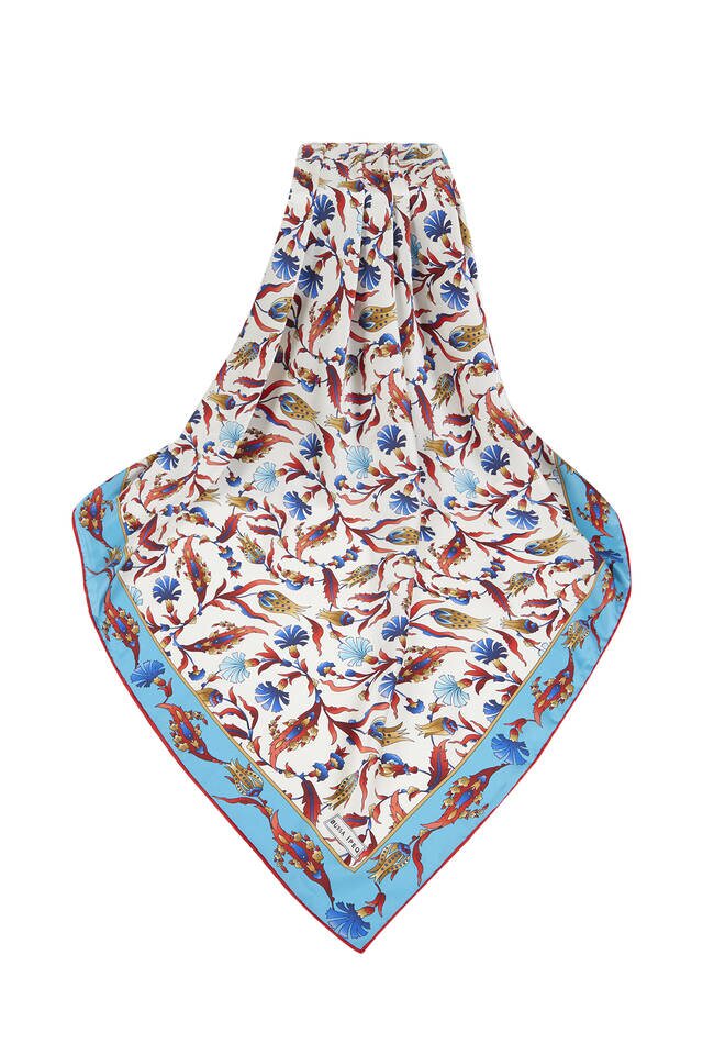 Blue Red Turkish Pattern Carnation Tulip Pattern Silky Square Scarf - 3
