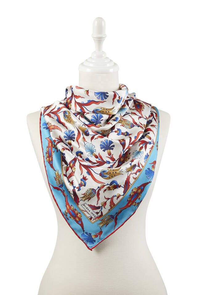 Blue Red Turkish Pattern Carnation Tulip Pattern Silky Square Scarf - 2