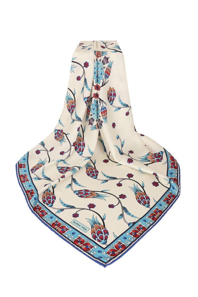 Blue Row Tulip Pattern Silky Square Scarf - 3