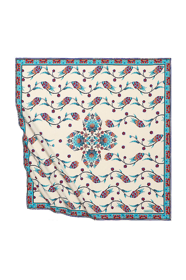 Blue Row Tulip Pattern Silky Square Scarf 