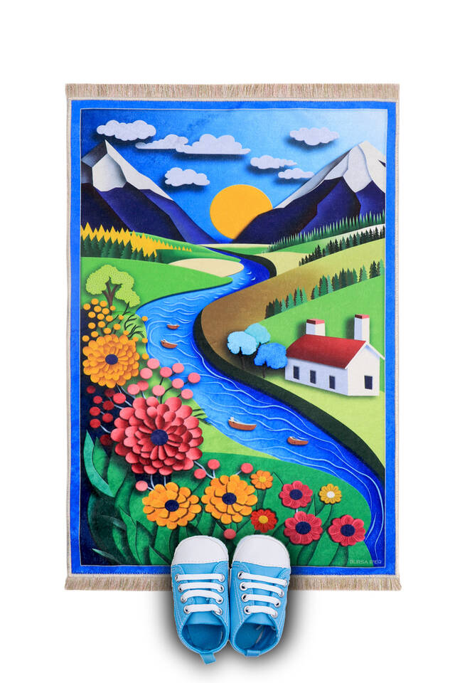 Blue Sunny Valley Children's Prayer Rug and Play Mat - Bursa İpek