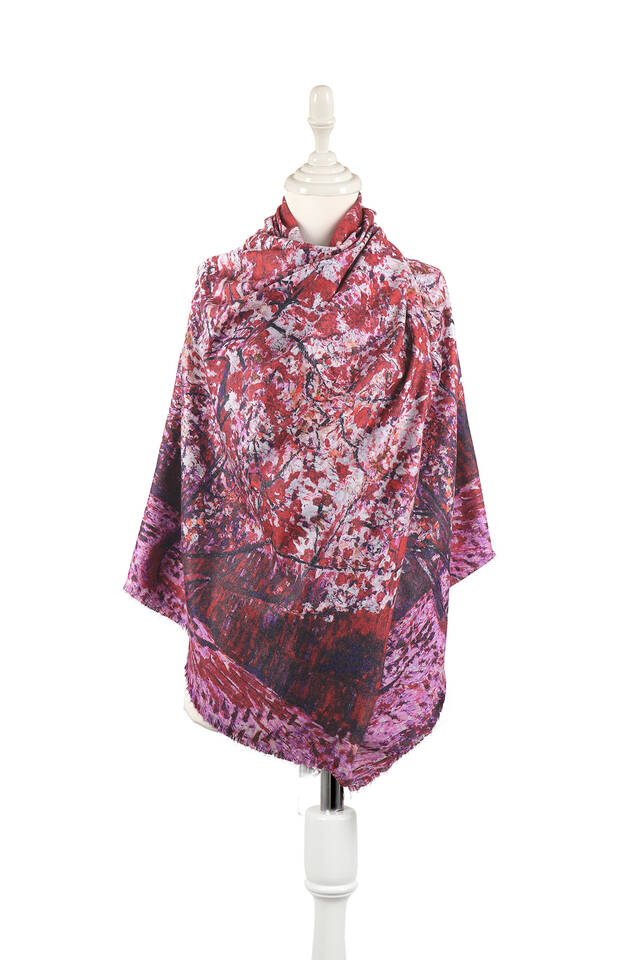 Bordo Şeftali Ağacı Desen Kışlık Şal - 1