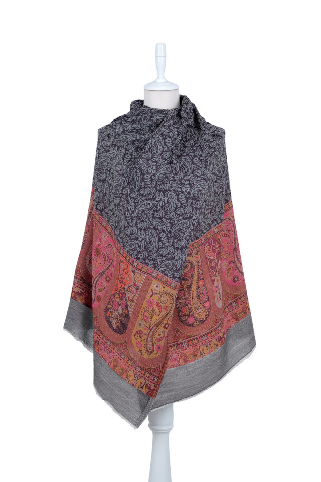 Füme Bordür Desenli Yün Şal - Bursa İpek