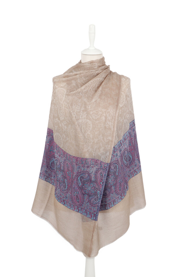 Mavi Bordür Desenli Yün Şal - Bursa İpek