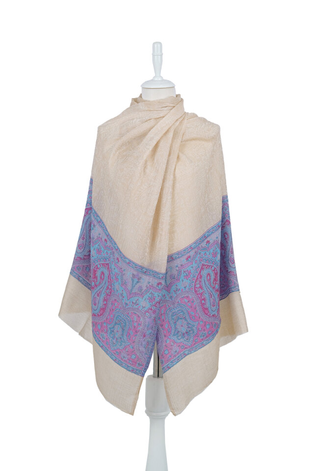 Mavi Bordür Desenli Yün Şal - Bursa İpek