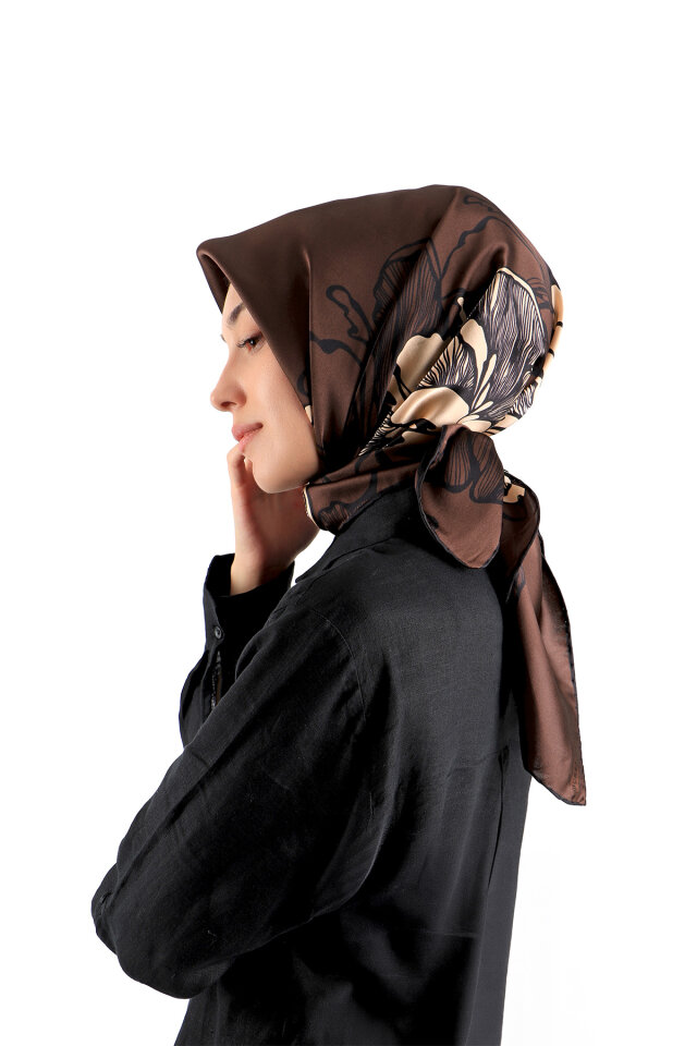 Brown Begonia Pattern Sura Silk Square Scarf 
