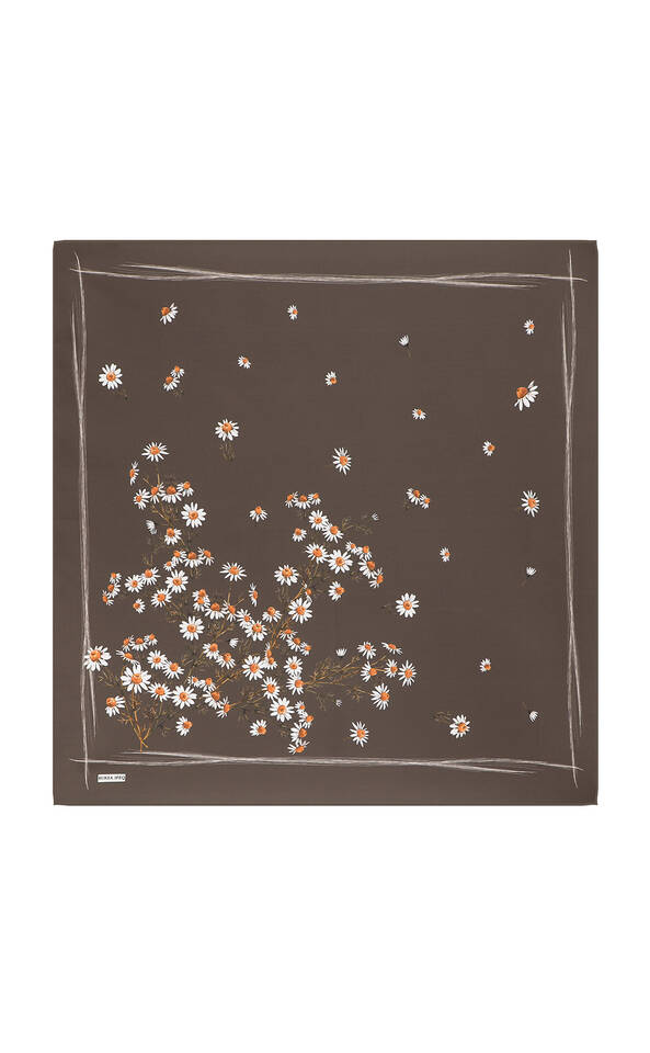 Brown Daisy Pattern Twill Silk Square Scarf - 2