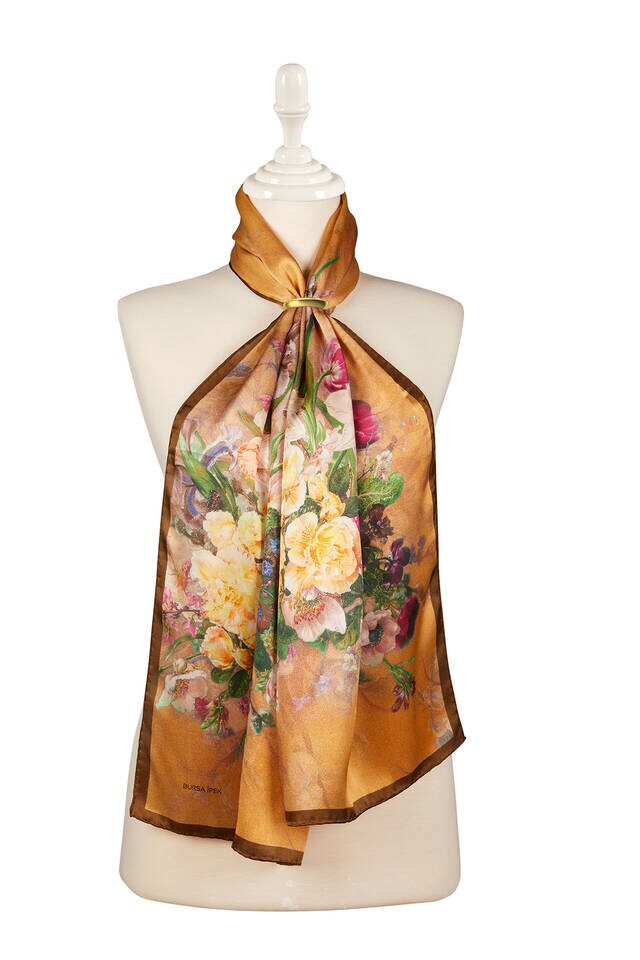 Brown Floral Narrow Silk Foulard - 1