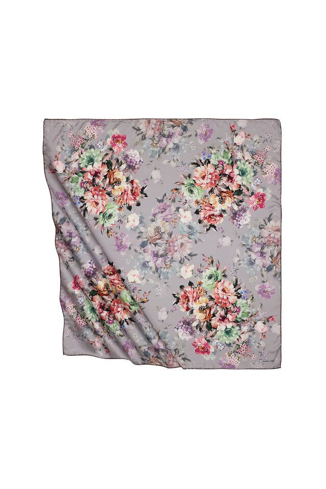 Brown Fourflower Pattern Silky Square Scarf 
