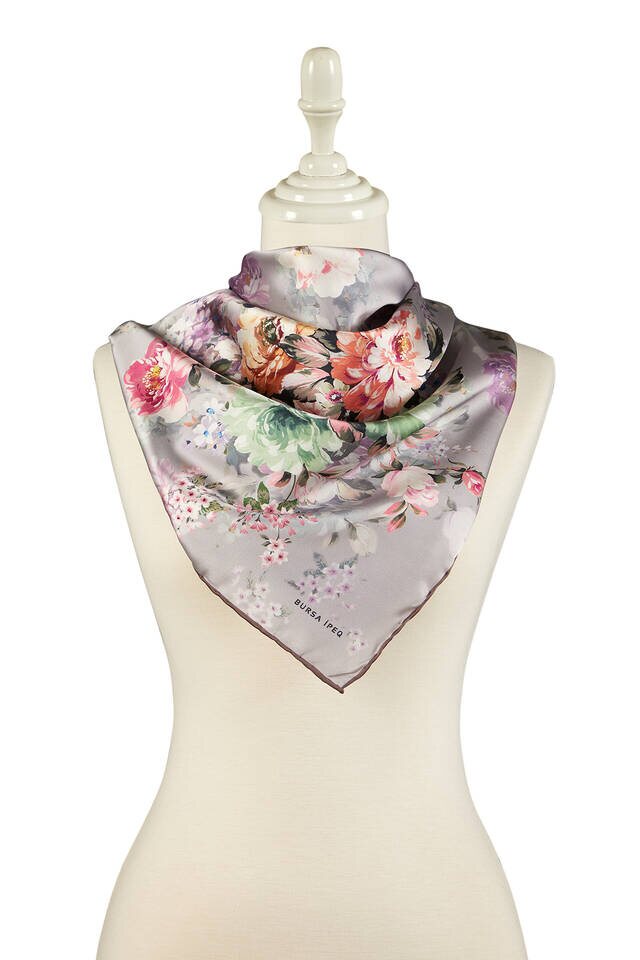 Brown Fourflower Pattern Silky Square Scarf - 2