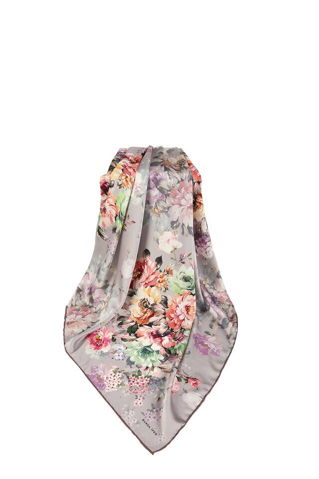 Brown Fourflower Pattern Silky Square Scarf - 3