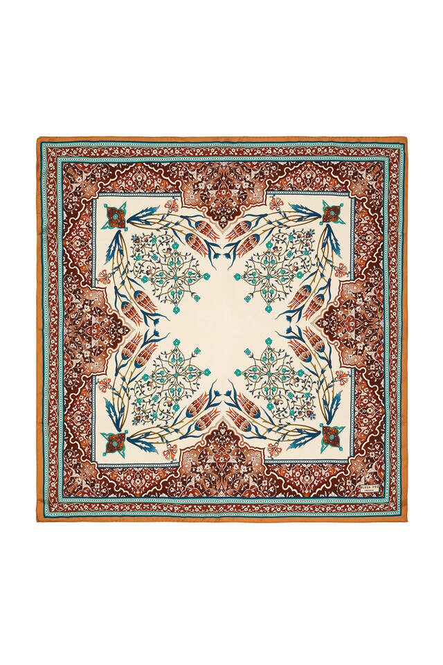 Brown Gold Candlestick Tulip Pattern Silk Square Scarf 