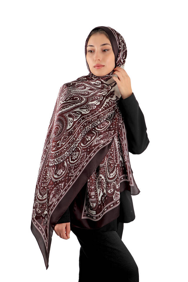 Brown Nile Pattern Sura Silk Scarf - 2