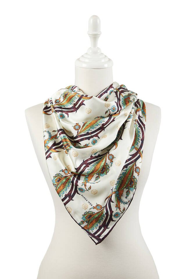 Brown Orange Turkish Motif Ivy Pattern Silk Square Scarf - 2