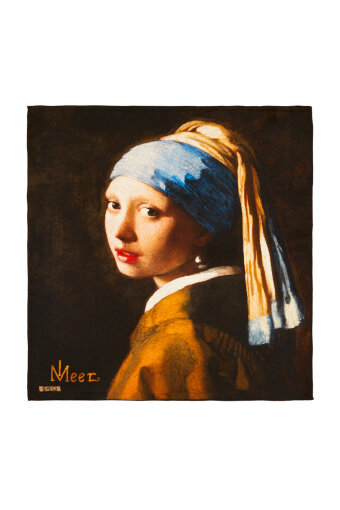 Brown Pearl Earring Girl Pattern Silk Pocket Square 