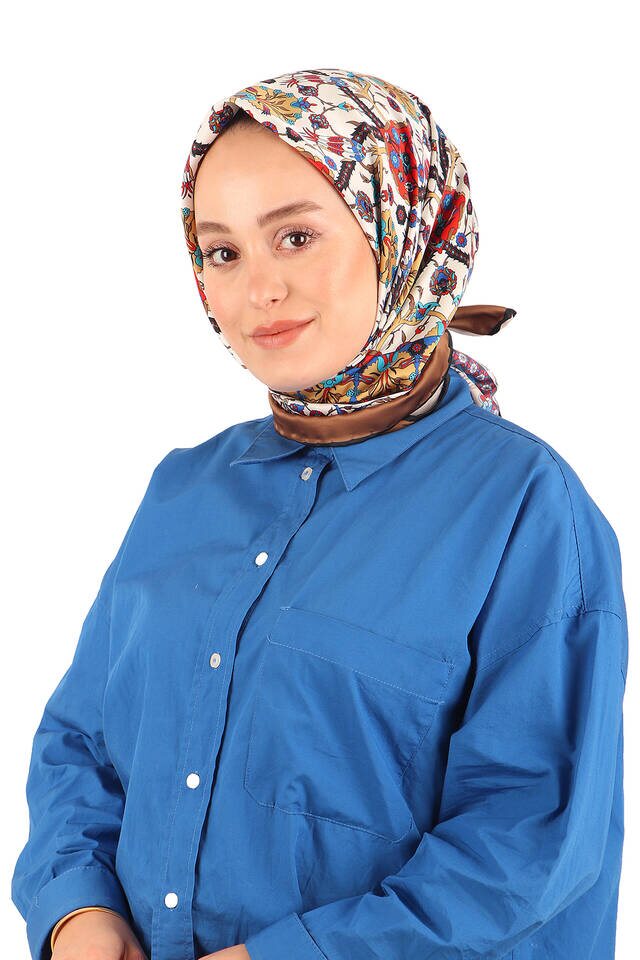 Brown Tile Tulip Pattern Silky Square Scarf - 2