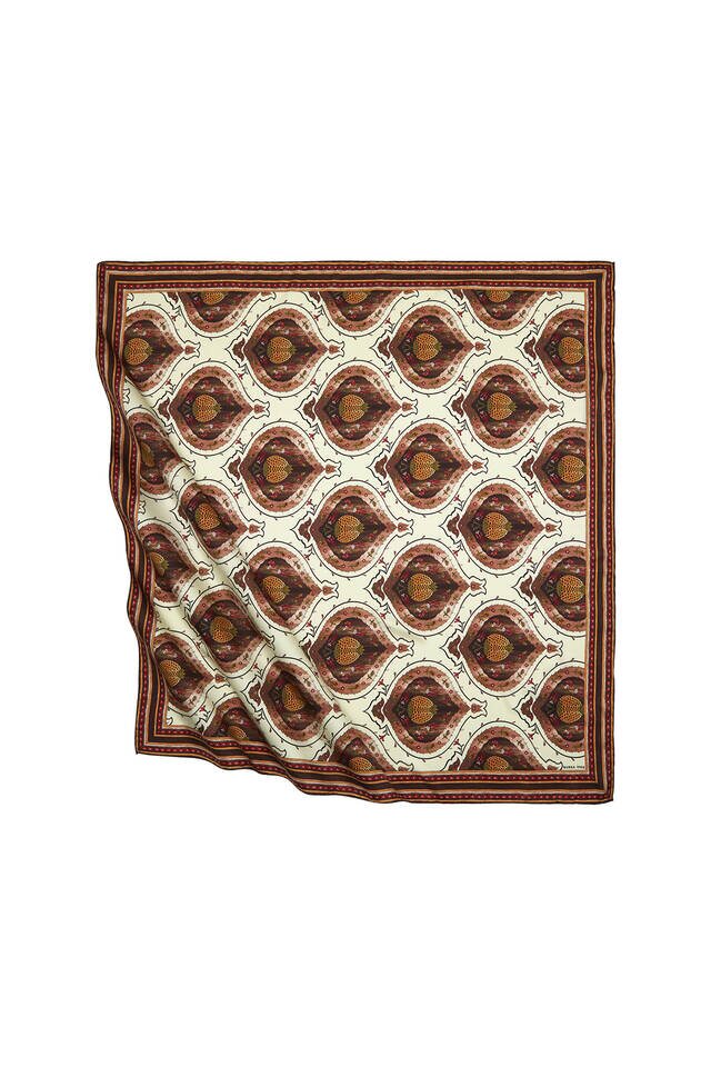 Brown Turkish Motif Pomegranate Pattern Silk Square Scarf 