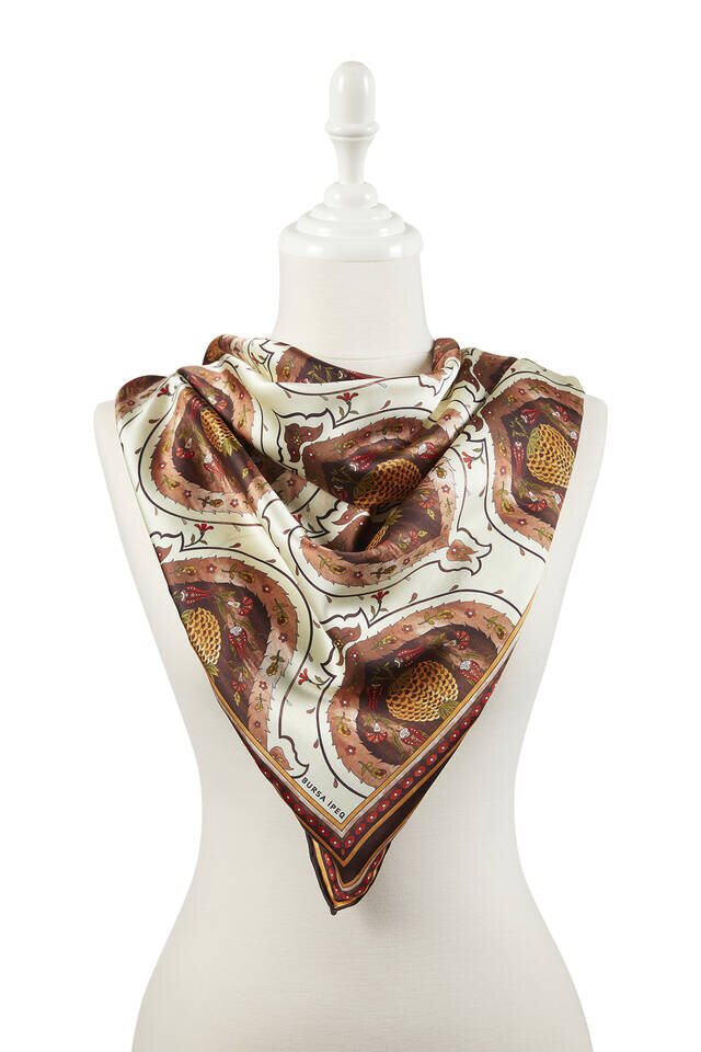 Brown Turkish Motif Pomegranate Pattern Silk Square Scarf - 2