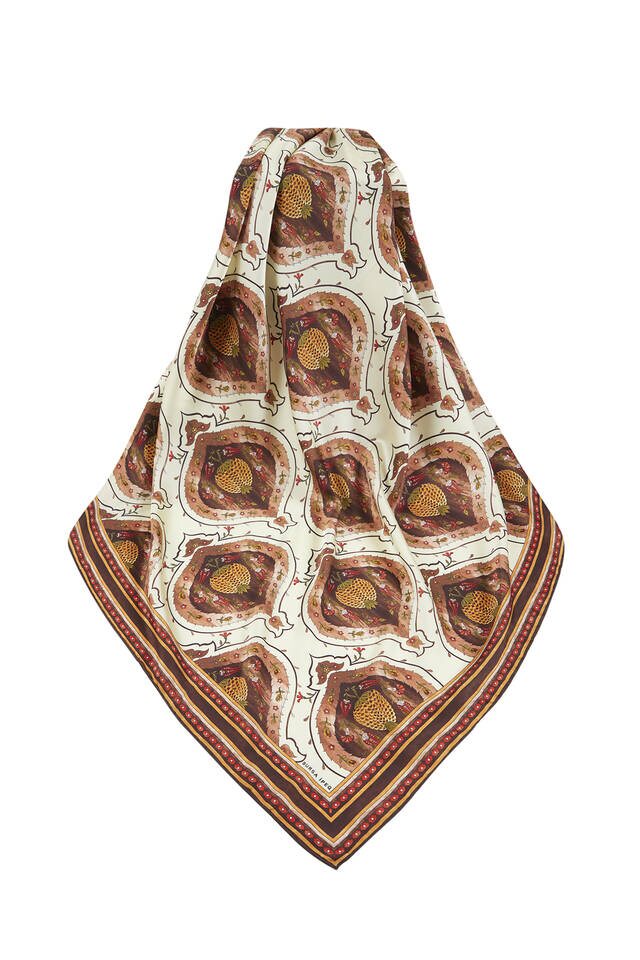 Brown Turkish Motif Pomegranate Pattern Silk Square Scarf - 3