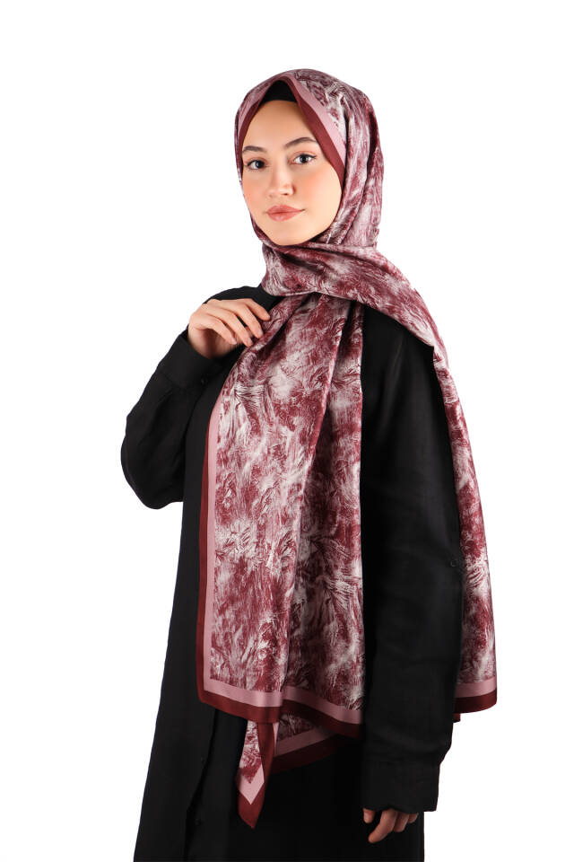 Burgundy Brush Pattern Twill Silk Shawl - 2