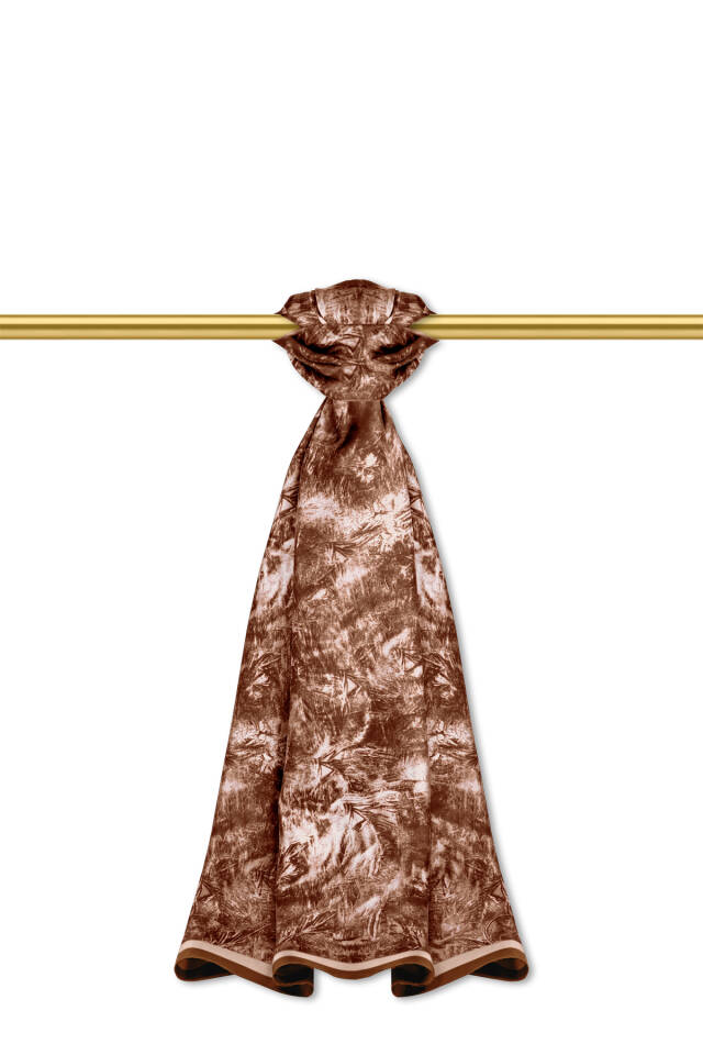 Bitter Coffee Brush Pattern Twill Silk Shawl - Bursa İpek
